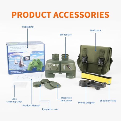 10X50 Marine Binoculars with Rangefinder Compass,Phone Adapter,Strap,BAK4 Lens,Shockproof Military Tacticle IPX7 Floating Waterproof Binocular for Adults Sailing Boating Hunting Birdwatching
