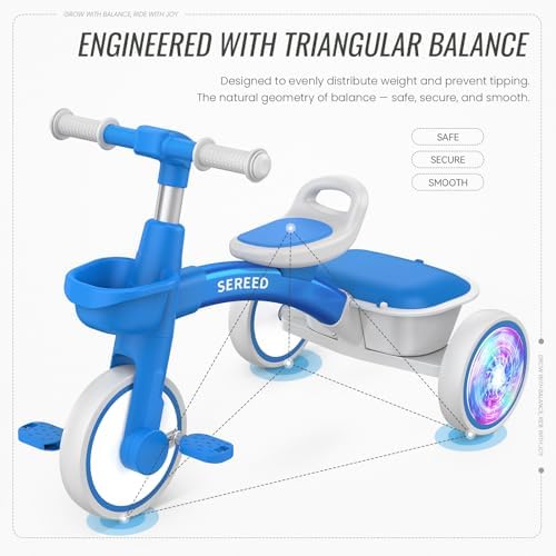 SEREED Colorful Lighting Toddler Tricycle for 2-5 Years Old Boys Girls, Adjustable Seat&Handlebar Trike, Removable Basket, Birthday Gift Idea for Kids Ages 2+ (Blue)