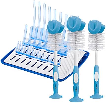 Dr. Brown's Baby Bottle Cleaning Brush with Sponge and Scrubber - Blue - 3pk and Universal Baby Bottle and Accessory Drying Rack
