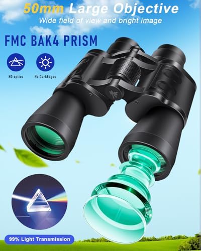 20x50 High Powered Binoculars for Adults, Clear Durable Binoculars for Bird Watching Sightseeing Wildlife Watching Travel Hunting Football Games Stargazing with Carrying Case & Strap