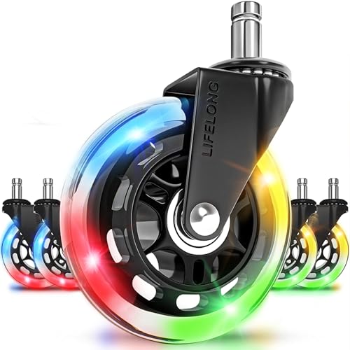 Lifelong Gaming Chair Wheels Replacement RGB Rubber Office Chair Casters for Carpet and Hardwood Floors, Set of 5, Heavy Duty Caster Wheels for Desk Chairs - Fits 98%