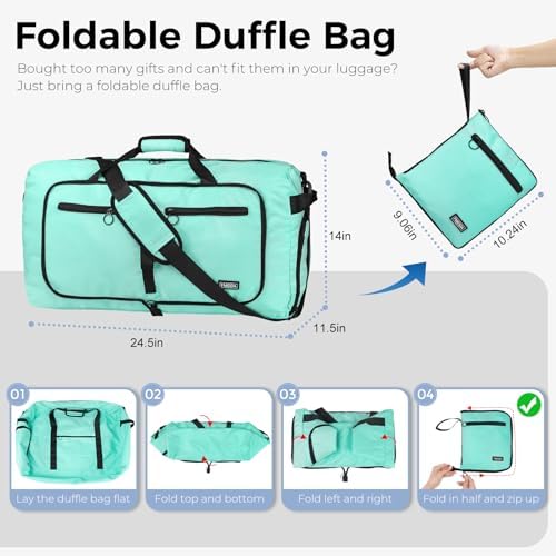 Fmeida 65L Duffle Bag with Shoes Compartment, Foldable Travel Duffel Bags for Men Women, Large Packable Travel Bag Water Repellent & Tear Resistant (Mint Green)