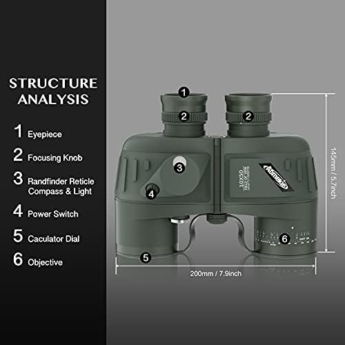 AOMEKIE Marine Binoculars for Adults 10x50 Waterproof Binoculars with Rangefinder Compass BAK4 Prism FMC Lens for Birdwatching Hunting Boating