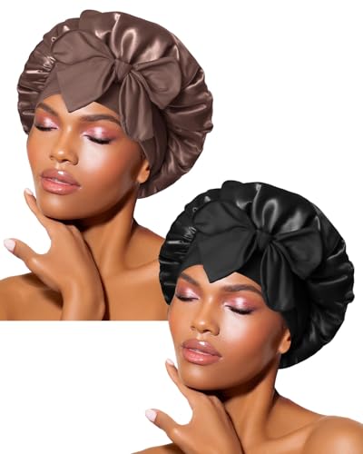 BONNET QUEEN Silk Bonnet for Sleeping Women Satin Bonnet Night Sleep Cap Wrap for Curly Hair with Adjustable Tie Band, Single Layer, Brown+Balck