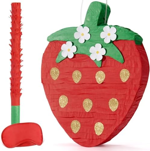 Wernnsai Red Strawberry Piñata For Kids - Strawberry Baby Shower Pinata Strawberry Birthday Party Decorations Summer Fruit Themed Party Game Supplies With Bat Blindfold 16.5" × 11.6" ×3"