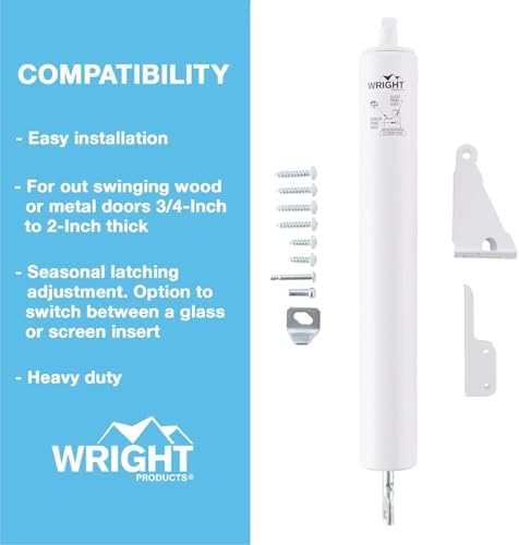 Wright Products Heavy-Duty Pneumatic Storm Door Closer – Durable, Adjustable, Quiet-Closing with Hold-Open Feature (Transitional, White)
