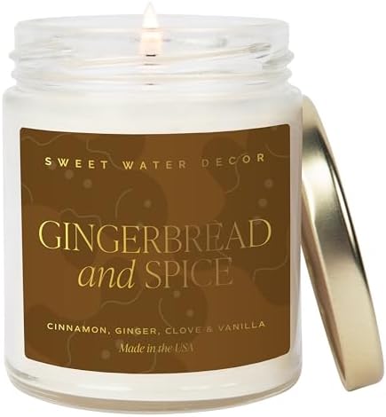 Sweet Water Decor Gingerbread and Spice Candle - Orange, Lemon, and Gingerbread Soy Christmas Candles - Gold Foil Pattern 9oz Clear Jar, 40 Hour Burn Time, Made in the USA