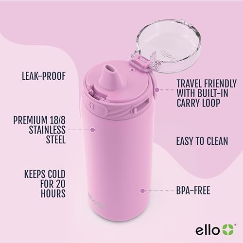Ello Cooper 18oz Kids Stainless Steel Water Bottle with Straw and Carry Handle, Double Walled and Vacuum Insulated Metal, Leak Proof Locking Lid with Soft Silicone Spout, Reusable, BPA Free, Bubblegum