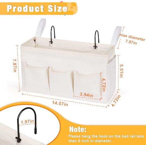 Bedside Caddy Bedside Organizer Bedside Storage Caddy with Fixed Straps and Water Bottle Holder for Home College Dorm Bunk Bed Hospital Bed Crib Bed Rails (White)