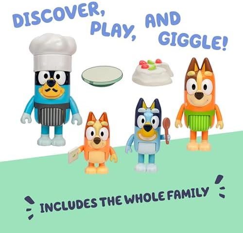 Bluey 4-Pack Toy Figure Playset, Let’s Play Chef Pavlova Toddler Figurine Toys Set with Chef Accessories, Poseable Figurines for Kids Ages 3-5