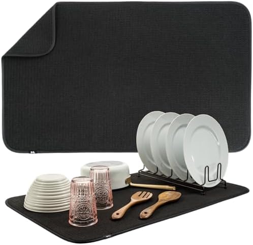 S&T INC. Dish Drying Mat Jumbo, 18” x 30”, Absorbent Microfiber Kitchen Counter Mat, Dish Drying Pad for Dishes, Utensils, Pots and Pans, Jumbo, Black