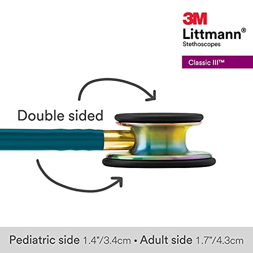 3M Littmann Classic III Monitoring Stethoscope, 5807, More Than 2X as Loud, Weighs Less, Stainless Steel Rainbow-Finish Chestpiece, 27" Caribbean Blue Tube, Brass Stem and Headset