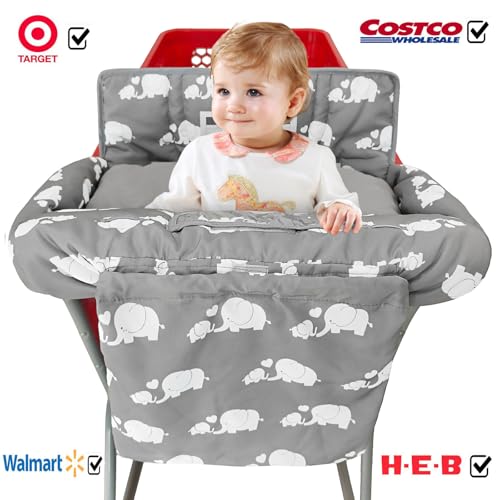 Soft Pillow Attached 2-in-1 Shopping Cart and High Chair Cover for Baby, Cotton Padded Cart Cover, Fold'n Roll Style, Portable with Carry Bag (Gray Elephant)