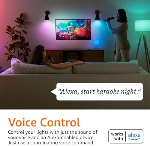 Amazon Basics Smart A19 LED Light Bulb, Color Changing, 9W (60W Equivalent), 800LM, Works with Alexa Only, 2.4 GHz Wi-Fi, No Hub Required, 4 Pack
