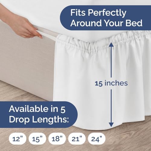 Wrap Around Dust Ruffle Bed Skirt - White - for Queen Size Beds with 15 Inch Drop - Easy Fit Elastic Strap - Adjustable Pleated Bedskirt w/Brushed Fabric - Wrinkle Free - for Women, Men, Kids & Teens