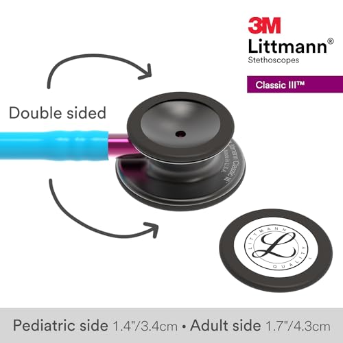 3M Littmann Classic III Monitoring Stethoscope, 5872, More Than 2X as Loud, Weighs Less, Stainless Steel Smoke-Finish Chestpiece, 27" Turquoise Tube, Pink Stem, and Smoke Headset