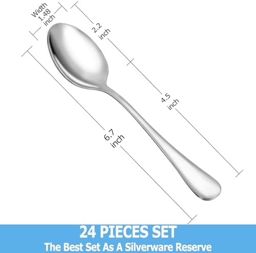 24 Pcs Teaspoons Set, Food Grade Stainless Steel Tea Spoons, Durable Small Spoons, Metal Dessert Spoon, Spoon Silverware for Home, Kitchen or Restaurant, Mirror Polished & Dishwasher Safe, 6.7-Inch