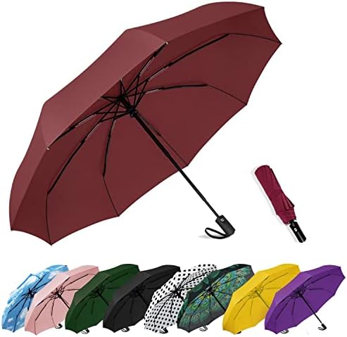 SIEPASA Two Packs Auto Open & Close Small Travel Umbrella Compact for Backpack-Umbrellas for Rain, Lightweight Strong Mini Portable Umbrellas for Men and Women. (Black & Wine Red, 2 Pack)