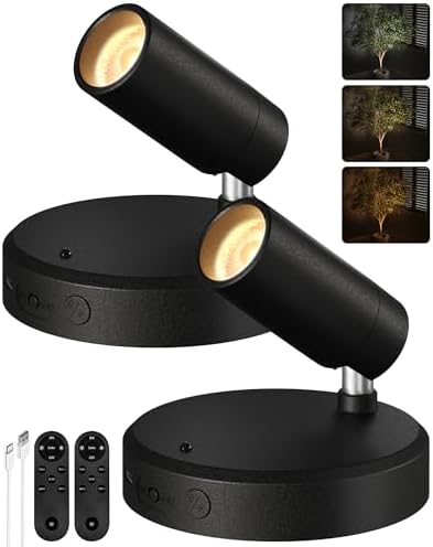 EZVALO Spotlights Indoor with Remote, 5500mAh Rechargeable Picture Lights, Wireless LED Uplighting with Timer&Dimmable, 3CCT, Display Lights for Plant Painting, Artwork, Accent Lighting (2Pack-Black)