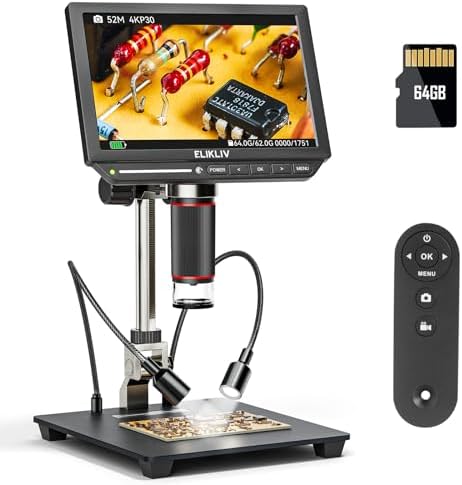 4K Digital Microscope, Elikliv EM4K 8" Coin Microscopes 2000x, 52MP HDMI Microscopes, Soldering Microscope for Adults, Micro scopes for Electronics Repair, 3840P UHD Video Micro socpe, 10" Stand, 64G