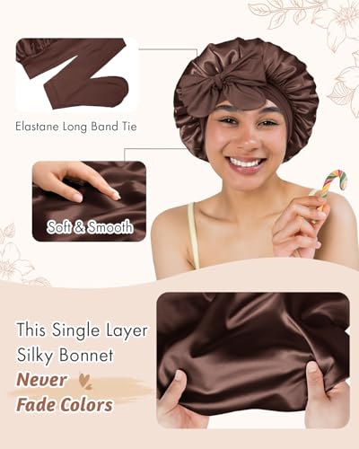 BONNET QUEEN Silk Bonnet for Sleeping Women Satin Bonnet Night Sleep Cap Wrap for Curly Hair with Adjustable Tie Band, Single Layer, Brown+Balck