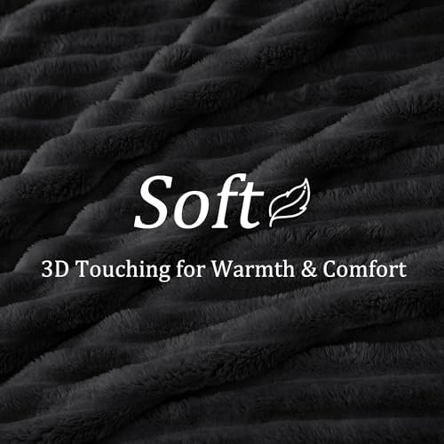 BEDELITE Fleece Throw Blanket for Couch - 300GSM Soft & Warm Fluffy Black Blanket, Decorative and Giftable Striped Blankets for Women, Men, 50"x60"