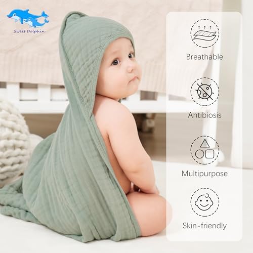SWEET DOLPHIN Muslin Hooded Baby Bath Towels - 2 Pack 100% Cotton Towel for Babies, Infants, Toddlers - 32x32Inch - Highly Absorbent and Newborn Essential, Green and Grey
