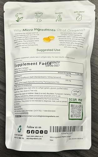 Micro Ingredients Oil of Oregano Softgels, 300 Count | 2 in 1 Formulated with Black Seed Oil, 4X Strength Carvacrol & Thymoquinone | Plant Based, Non-GMO, & Immune Support