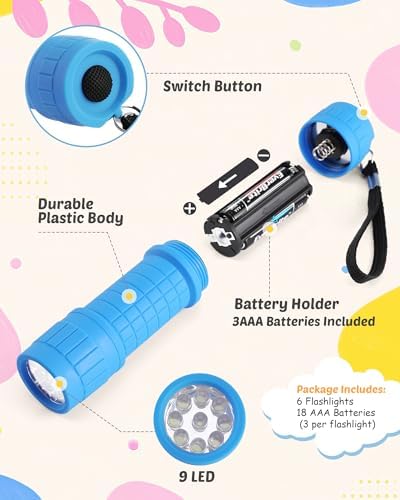 EverBrite 9-LED Flashlight 6-Pack Impact Handheld Torch Assorted Colors with Lanyard 3AAA Battery Included (Hurricane Supplies, Camping, Hiking, Emergency, Hunting)