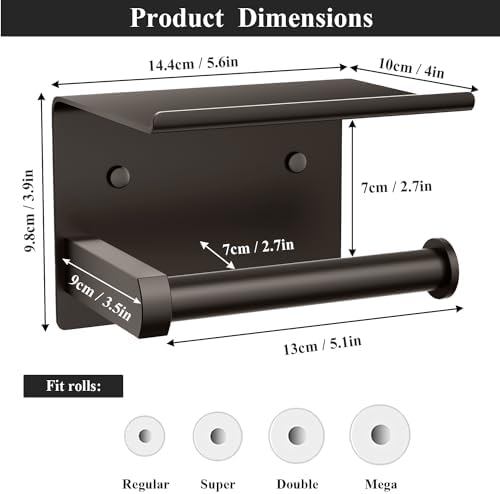 Tindbea Toilet Paper Holder with Phone Shelf, Adhesive or Screw Wall Mount Toilet Tissue Roll Holder, Rustproof & Multifunctional Stainless Steel Bathroom Storage Dispenser (Bronze)