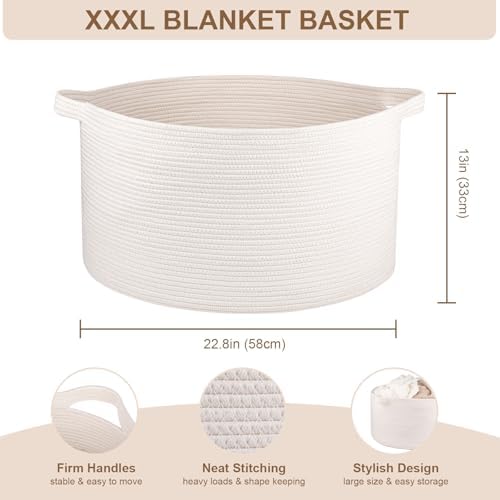 Large Woven Baskets for Storage, 22.8" x 22.8" x 13" Blanket Storage Living Room, Baby Toy Basket for Clothes, Pillows, Towels, Shoe Basket for Entryway (White)