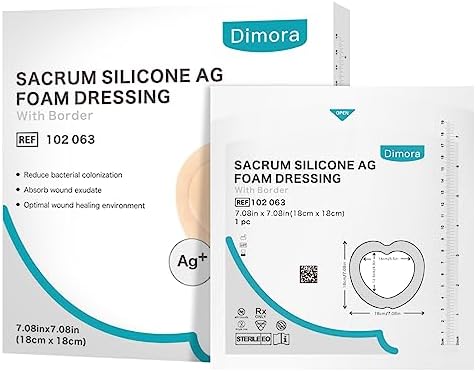 Dimora Ag Silver Sacrum Foam Wound Dressing Bandages Silicone Adhesive Border 7"x7" Waterproof Sacral Pads Absorbent Breathable Bed Sore Pressure Dressing
