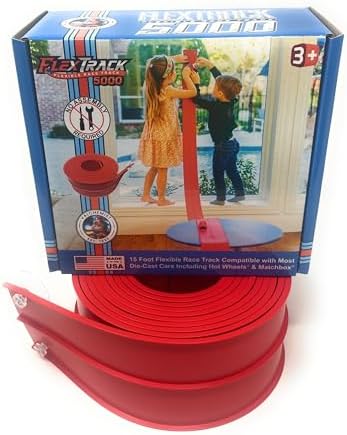 FlexTrack 5000 Flexible Race Car Track for Kids Toy with Suction Cups Compatible with Hot Wheels and Diecast 1/64th Cars and More 15 Feet Long Rolls Up Portable Racetrack (Rocket Red)