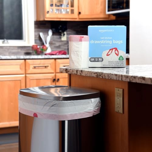 Amazon Basics 13 Gallon Tall Kitchen Drawstring Trash Bags, Clean Fresh Scnet, 10% Post Consumer Recycled, 200 Count