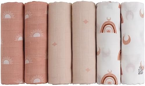 GLLQUEN BABY Receiving Blanket Boy Cotton Muslin Swaddle Blankets Girl Newborn Squares Breathable & Soft Thin Baby Blankets Cloths Double Absorbent Infant Swaddling Wrap - 6 Pack (Sun)