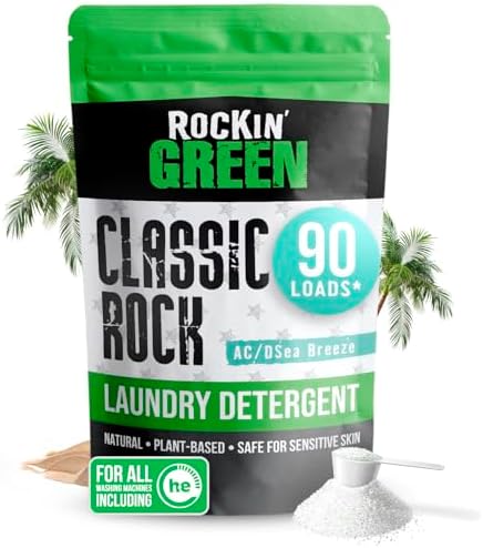 Rockin' Green Classic Rock Laundry Detergent (90 Loads), Plant based, All Natural Laundry Detergent Powder, Vegan and Biodegradable Odor Fighter, Safe for Sensitive Skin, 45 oz (AC/DSea Breeze)