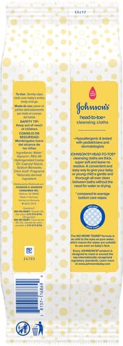 Johnson's Baby Head-to-Toe Gentle Baby Cleansing Cloths, Hypoallergenic and Pre-Moistened Baby Bath Wipes, Free of Parabens, Phthalates, Alcohol, Dyes and Soap, 15 ct (Pack of 4)