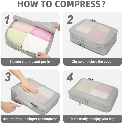 BAGAIL 4 Set/6 Set/8 Set Compression Packing Cubes Travel Accessories Expandable Packing Organizers (Square Mesh, 06-Grey)