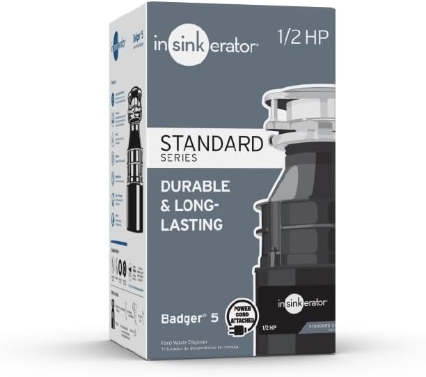 InSinkErator Badger 5 Garbage Disposal with Power Cord, Standard Series 1/2 HP Continuous Feed Food Waste Disposer, Badger 5 W/C, No Size, Black/Gray