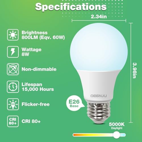 LED Light Bulbs Daylight 5000K, 60 Watt Equivalent LED Bulbs, A19 Standard Bulbs, 800 LM, 15000 Hours, E26 Base, Non-Dimmable, 8W LED Bulbs for Bedroom Living Room 24 Pack