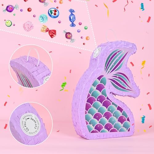 WERNNSAI Mermaid Piñata - Mermaid Party Supplies Piñata Bundle with Blindfold and Bat for Girls Kids Ocean Theme Birthday Party Game Carnival Activity Decorations (16.7" x 12.2" x 3.1")
