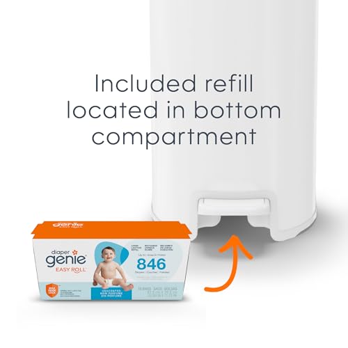 Diaper Genie Platinum Pail (Lilly White) is Made of Durable Stainless Steel and Includes 1 Easy Roll Refill with 18 Bags That can Last up to 5 Months.