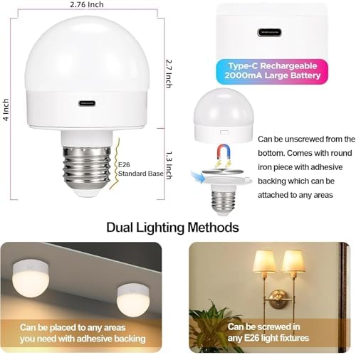 Rechargeable Battery Operated Light Bulb with Remote Control 2 Packs, 350LM Dimmable Detachable LED Bulb with 15 Colors Selectable & 3 Timer, Wireless Puck Light Bulb for Wall Sconce, Non-Hardwired