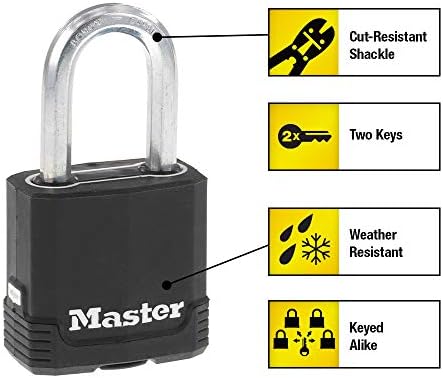 Master Lock Black Outdoor Key Lock, Heavy Duty Weather Resistant Padlock with Cover, Keyed Alike Padlocks for Outdoor Use, 4 Pack, M115XQLF