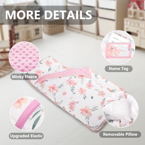 Primlect Thickened Toddler Nap Mat with Removable Pillow and Minky Blanket, Extra Large 55''x35'' Sleeping Bag, Washable, Roll up, Perfect for Daycare, Preschool, Kindergarten, Boys and Girls Flowers