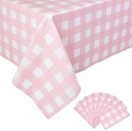 Kesfey 8 Packs Pink and White Checkered Tablecovers 54 x 108 Inches Disposable Party Picnic Table Cloth SpillProof Plastic Gingham Tablecovers for Camping Decoration Party Favors