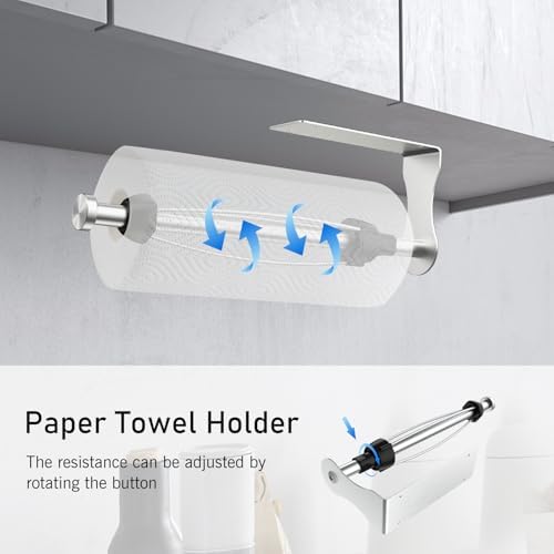 SetSail Paper Towel Holder, 2 Packs Single Hand Operable Paper Towel Holder Under Cabinet with Adjustable Damper Easy Tear Wall Mount Self-Adhesive or Drilled for Kitchen Bathroom, Silver