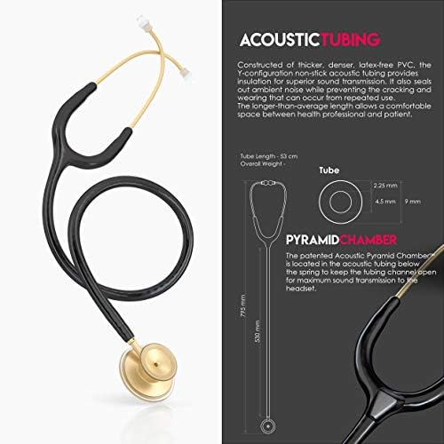 MDF Instruments, Acoustica Lightweight Stethoscope for Doctors, Nurses, Students, Home Health Use, Adult, Dual Head, Black Tube, Gold Chestpiece-Headset, MDF747XPK11
