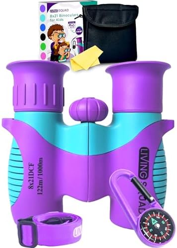 Kids Binoculars 8x21 Purple- Girls Age 3-12, Shock Proof Compact Binoculars Child Set- Neck Strap, Compass, Carabiner, Case, High-Resolution Bird Watching Optics Child Gift CampingToy Travel