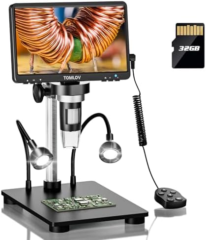 TOMLOV DM9B 7" Digital Microscope: 1080P 1200X Coin Microscope Magnifier, 12MP Ultra-Precise Focusing LCD Soldering Microscopes for Adults, PC View, 32GB, Black